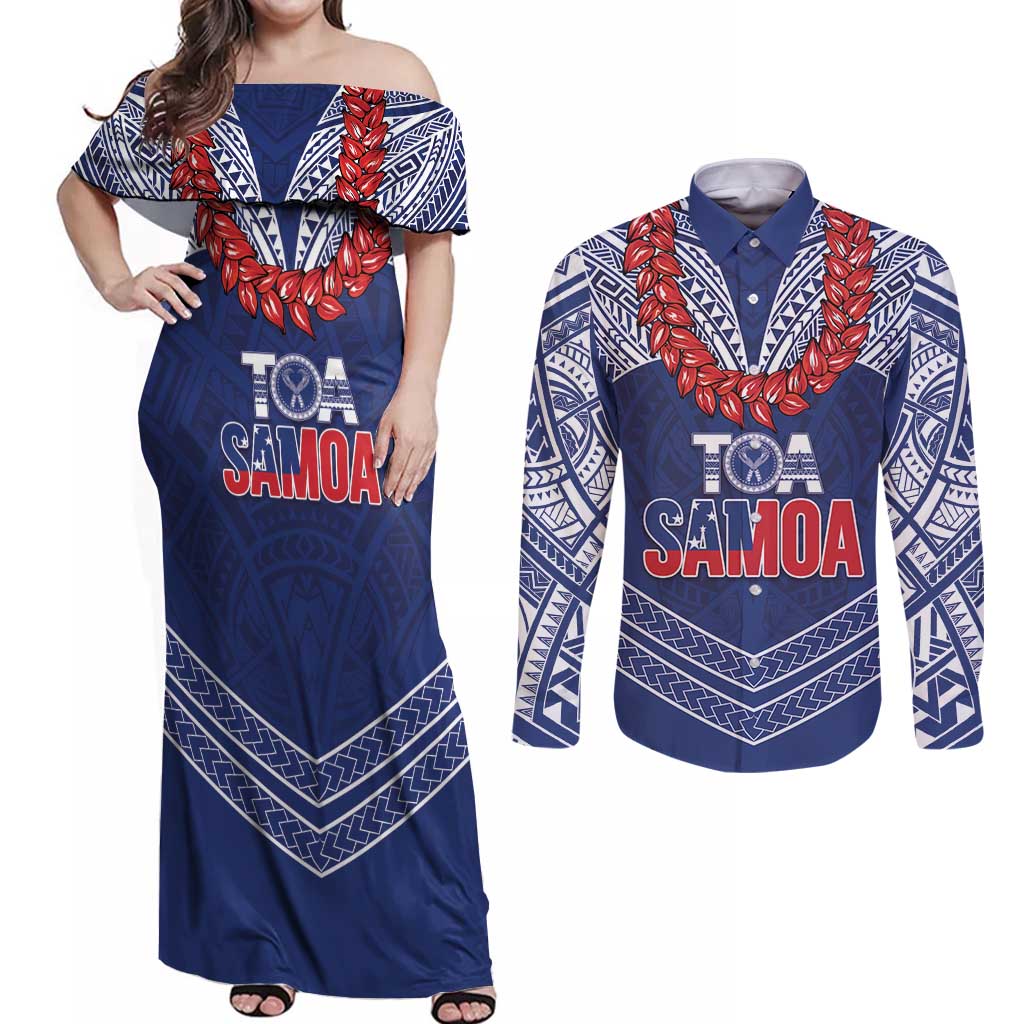 Toa Samoa Rugby Custom Couples Matching Off Shoulder Maxi Dress and Long Sleeve Button Shirt Ulafala Mix Nifo'oti - Polynesian Pride