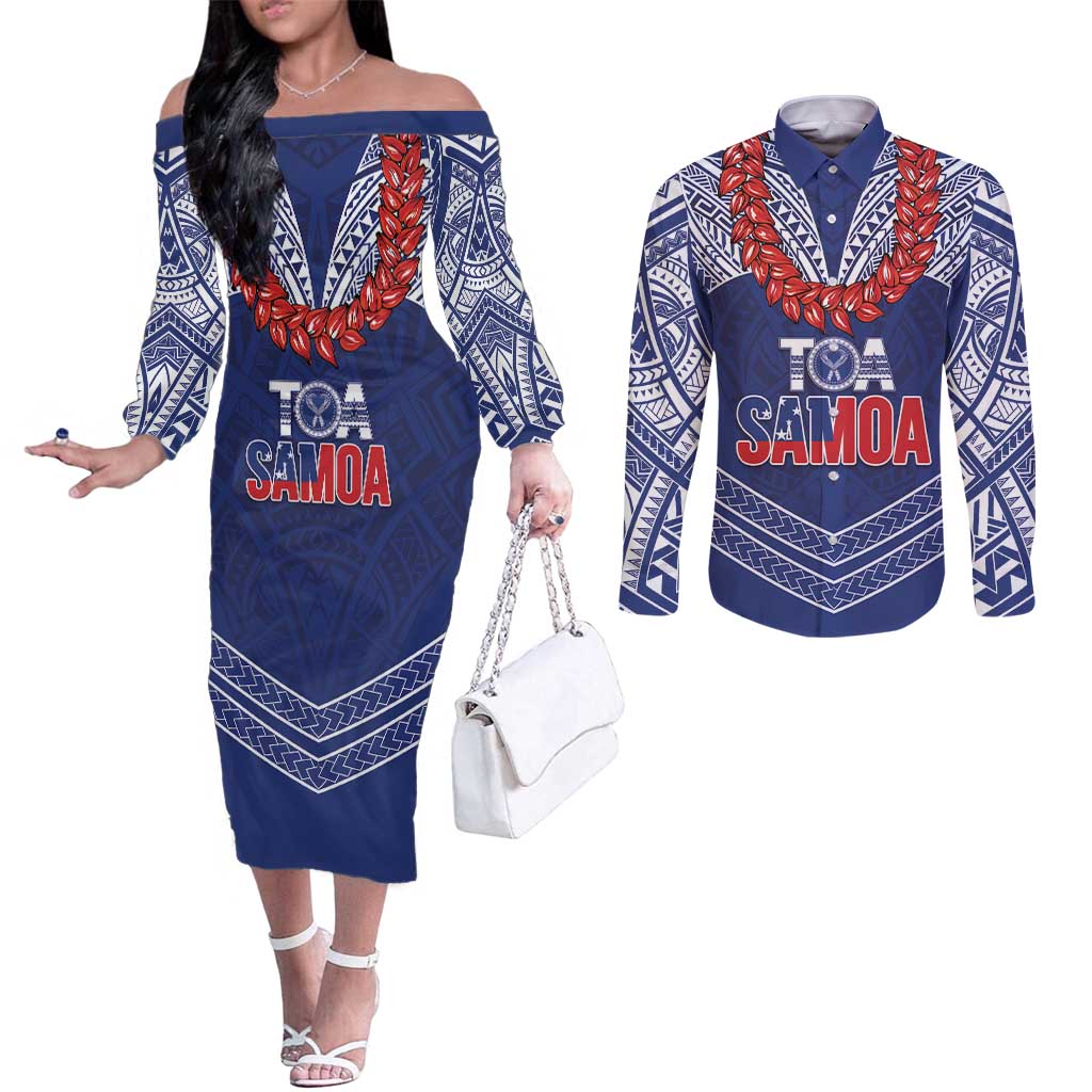Toa Samoa Rugby Custom Couples Matching Off The Shoulder Long Sleeve Dress and Long Sleeve Button Shirt Ulafala Mix Nifo'oti - Polynesian Pride