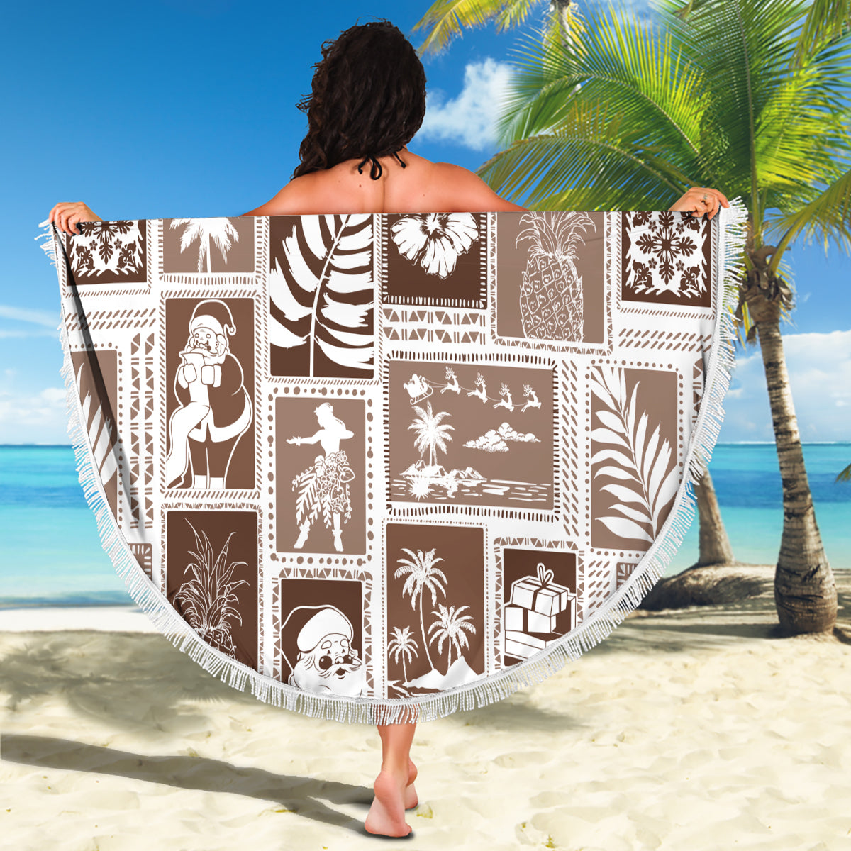Hawaii Christmas Retro Patchwork Beach Blanket Brown LT7 - Polynesian Pride