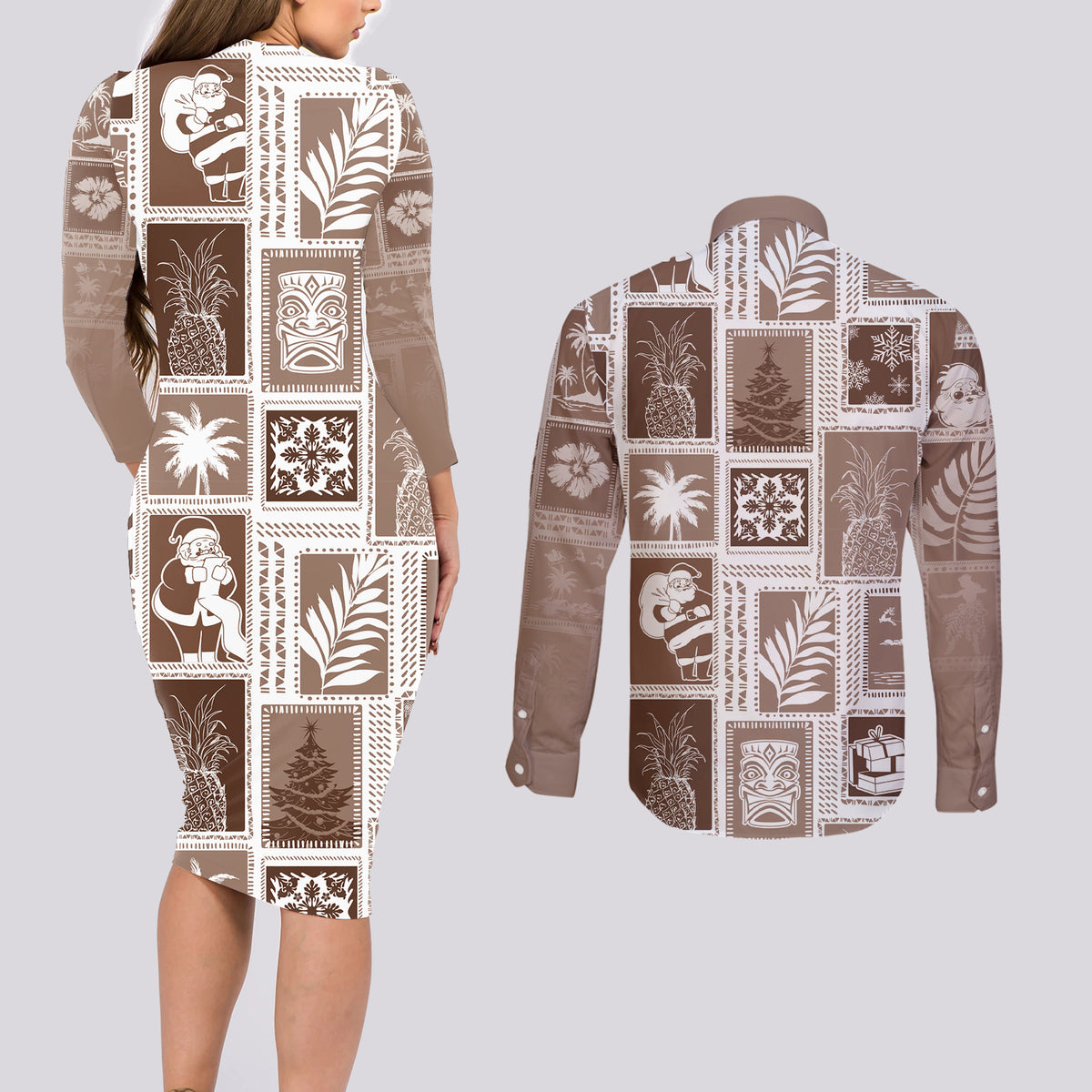 Hawaii Christmas Retro Patchwork Couples Matching Long Sleeve Bodycon Dress and Long Sleeve Button Shirt Brown LT7 - Polynesian Pride