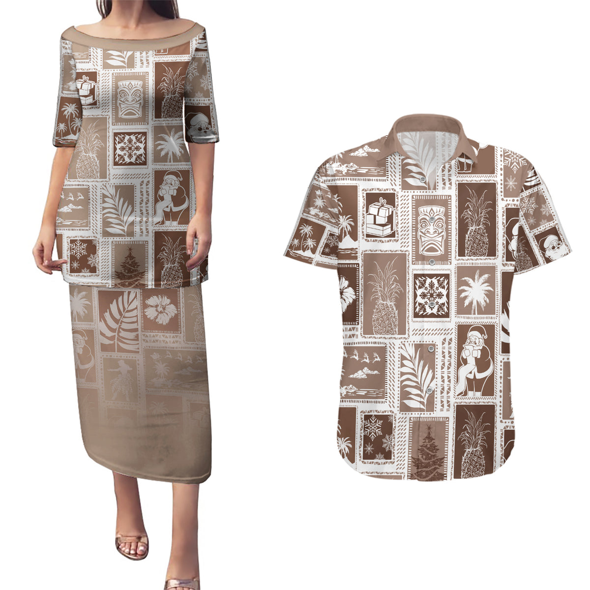 Hawaii Christmas Retro Patchwork Couples Matching Puletasi Dress and Hawaiian Shirt Brown LT7 Brown - Polynesian Pride