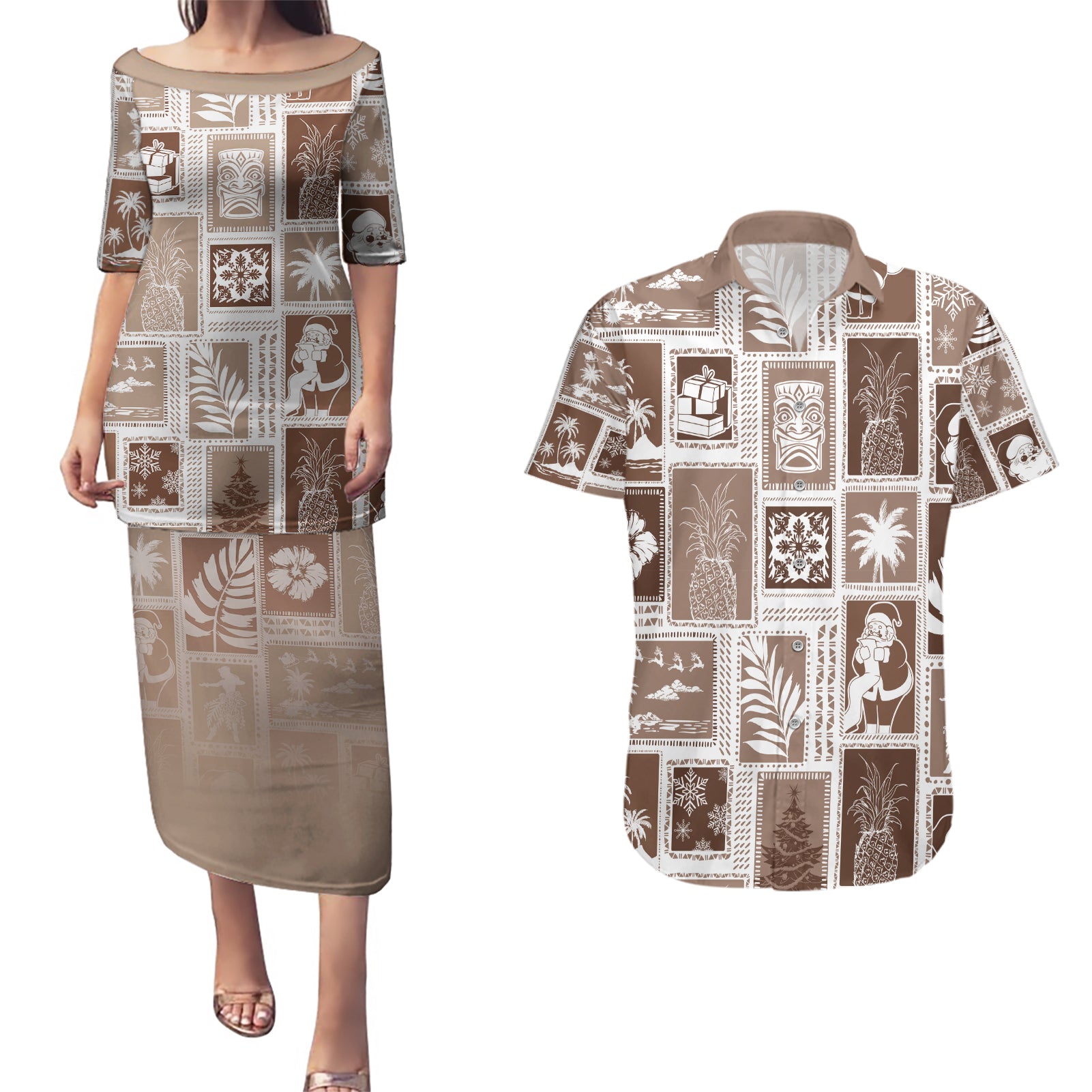 Hawaii Christmas Retro Patchwork Couples Matching Puletasi Dress and Hawaiian Shirt Brown LT7 Brown - Polynesian Pride