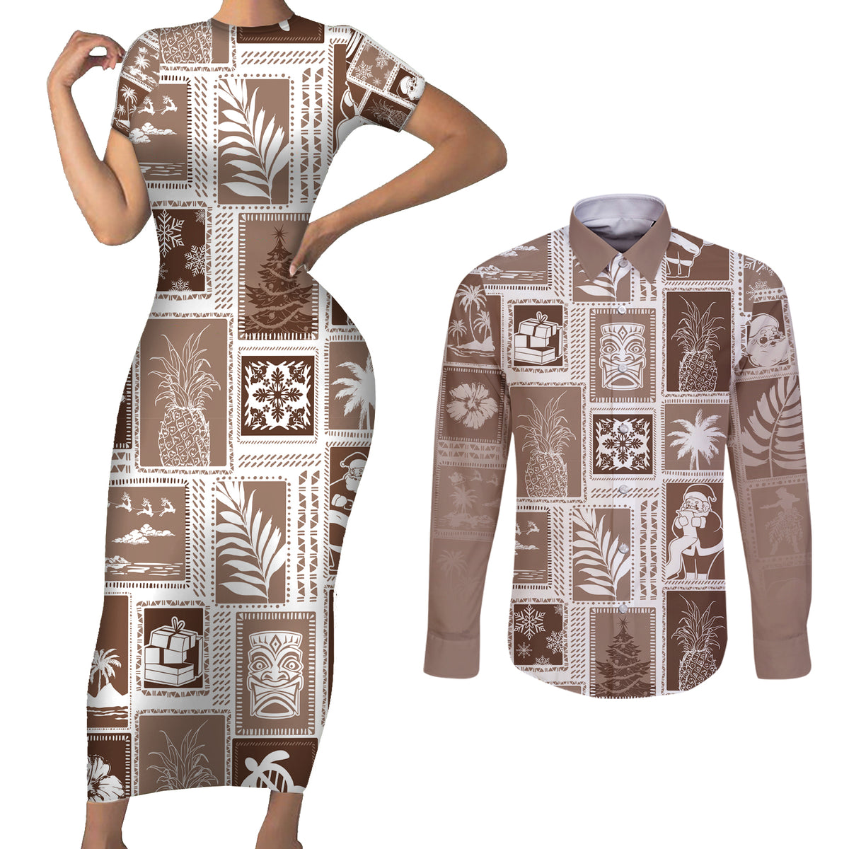Hawaii Christmas Retro Patchwork Couples Matching Short Sleeve Bodycon Dress and Long Sleeve Button Shirt Brown LT7 Brown - Polynesian Pride