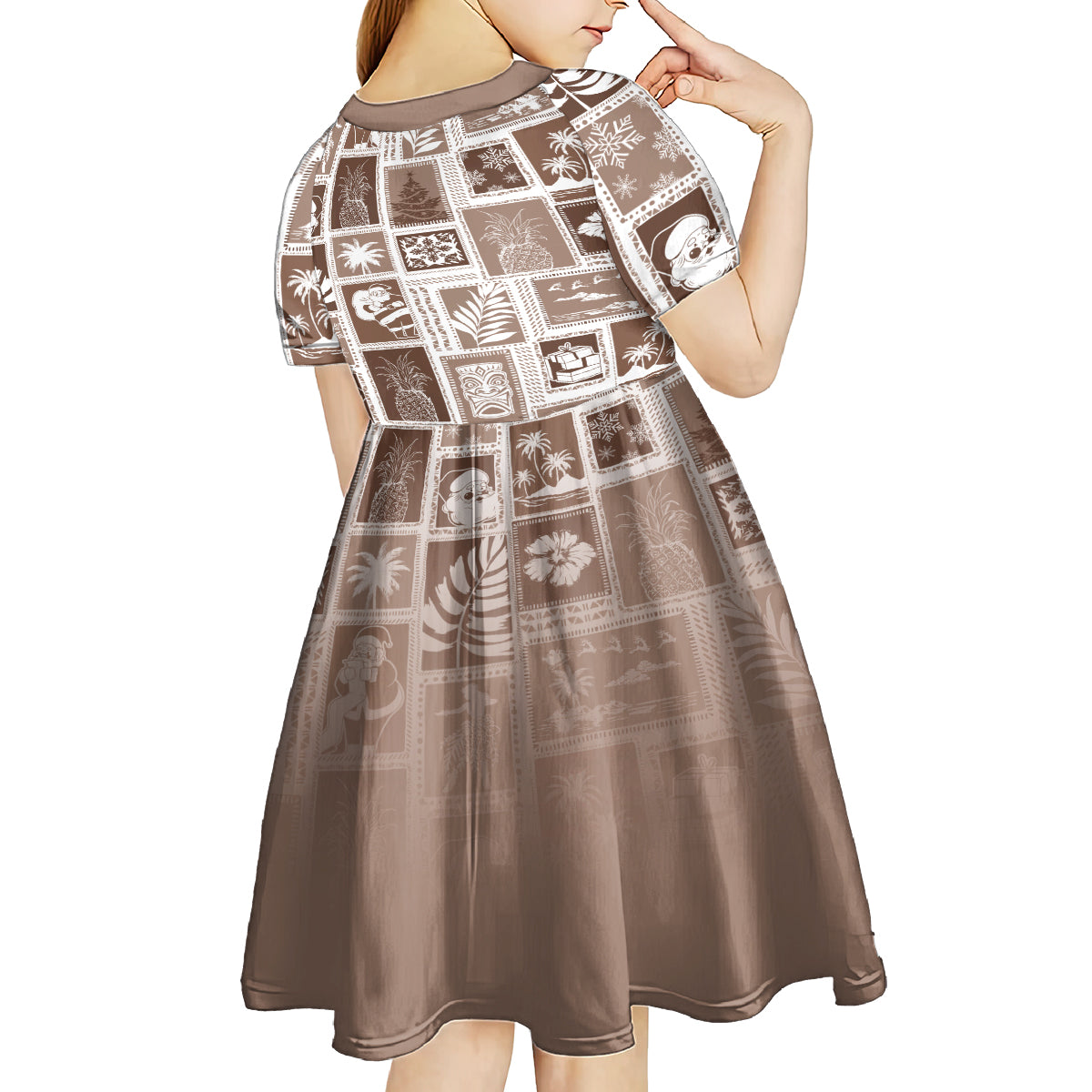 Hawaii Christmas Retro Patchwork Kid Short Sleeve Dress Brown LT7 - Polynesian Pride