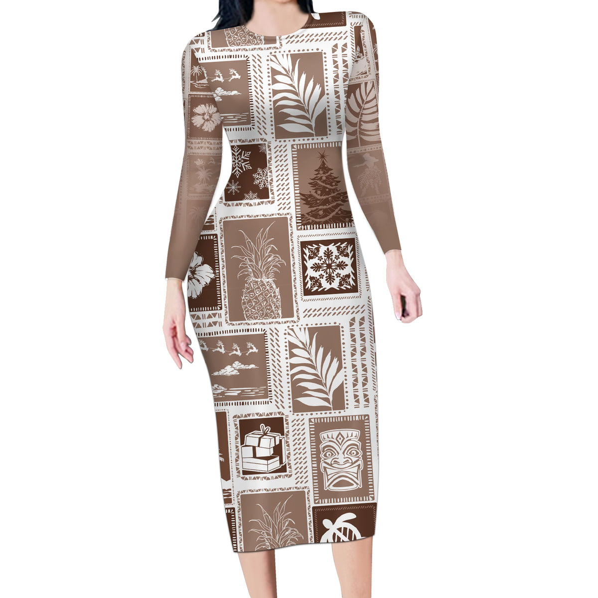 Hawaii Christmas Retro Patchwork Long Sleeve Bodycon Dress Brown LT7 Long Dress Brown - Polynesian Pride