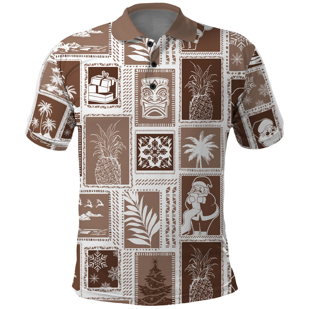 Hawaii Christmas Retro Patchwork Polo Shirt Brown LT7 Brown - Polynesian Pride