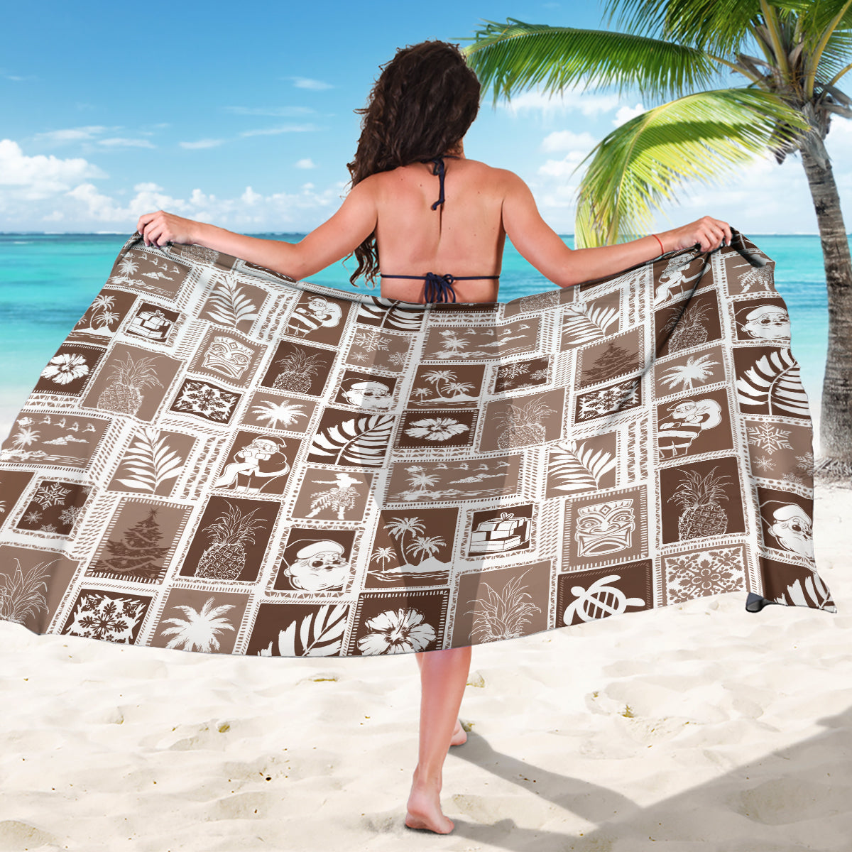 Hawaii Christmas Retro Patchwork Sarong Brown LT7 - Polynesian Pride