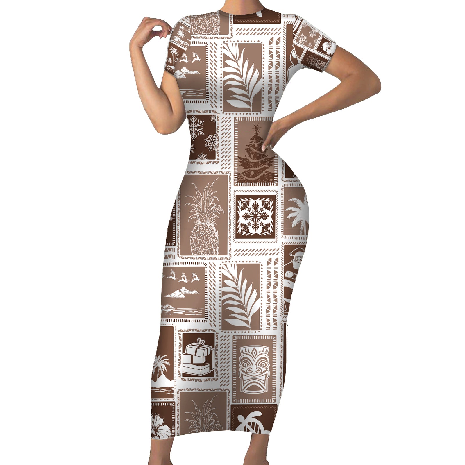Hawaii Christmas Retro Patchwork Short Sleeve Bodycon Dress Brown LT7 Long Dress Brown - Polynesian Pride