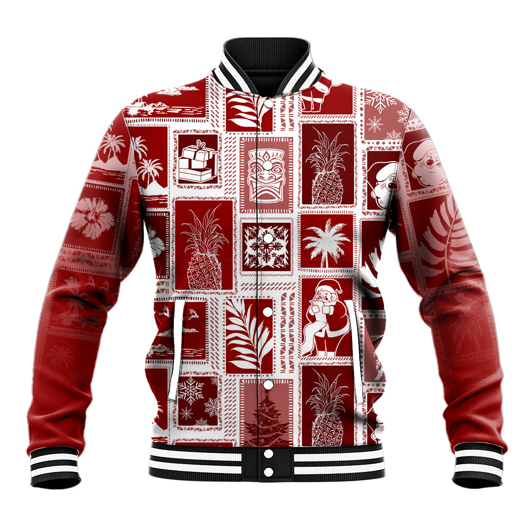 Hawaii Christmas Retro Patchwork Baseball Jacket Red LT7 Unisex Red - Polynesian Pride