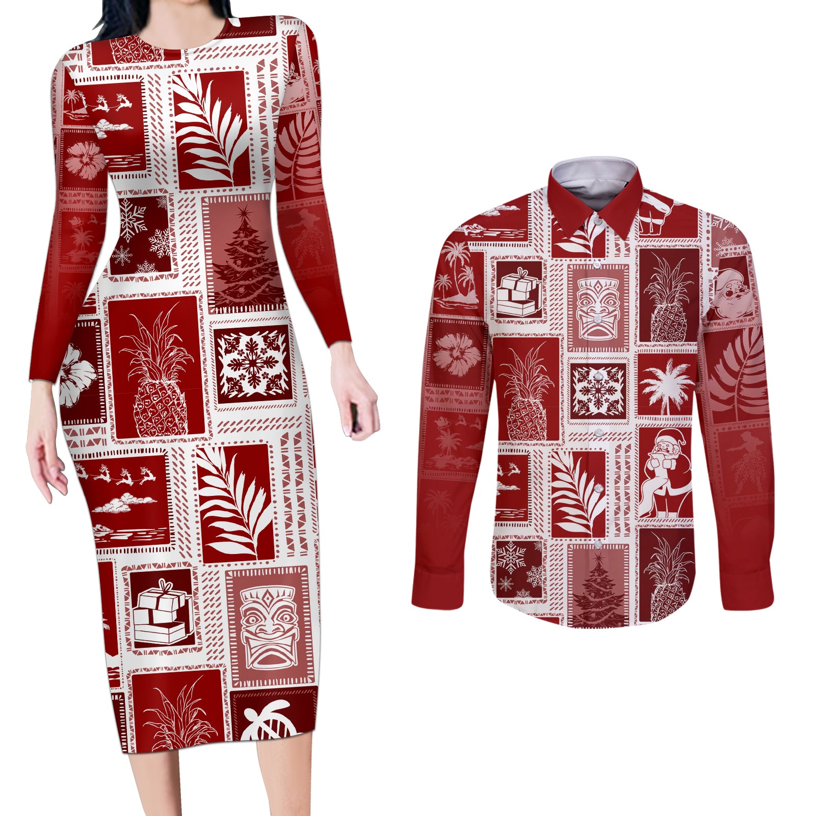 Hawaii Christmas Retro Patchwork Couples Matching Long Sleeve Bodycon Dress and Long Sleeve Button Shirt Red LT7 Red - Polynesian Pride
