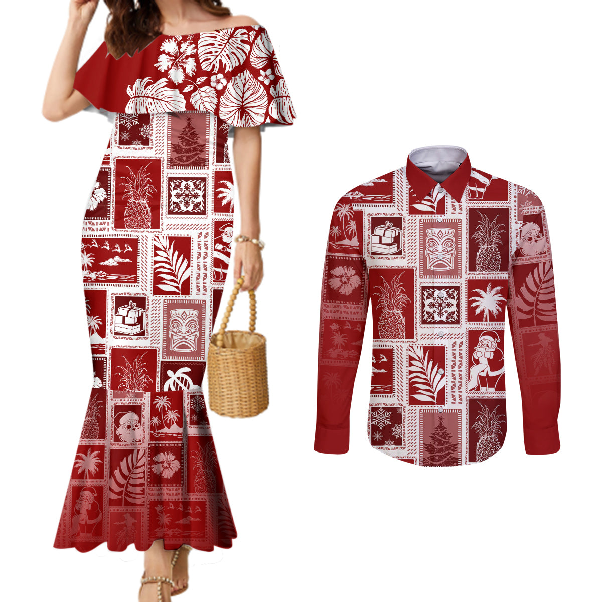 Hawaii Christmas Retro Patchwork Couples Matching Mermaid Dress and Long Sleeve Button Shirt Red LT7 Red - Polynesian Pride