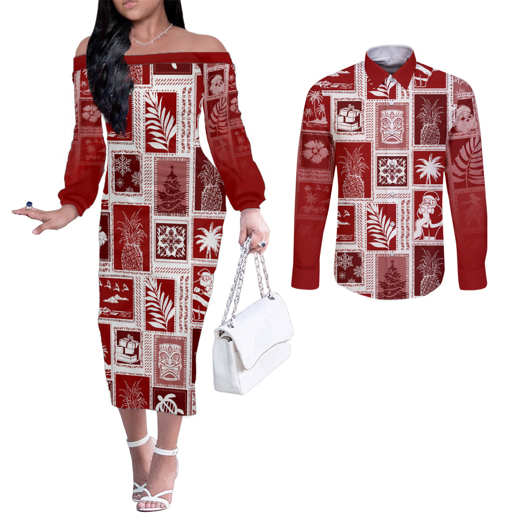 Hawaii Christmas Retro Patchwork Couples Matching Off The Shoulder Long Sleeve Dress and Long Sleeve Button Shirt Red LT7 Red - Polynesian Pride