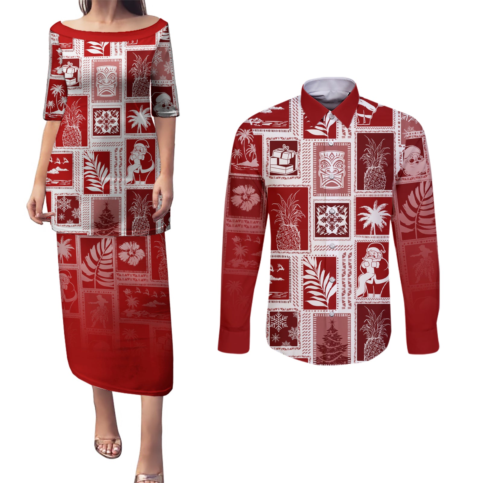 Hawaii Christmas Retro Patchwork Couples Matching Puletasi Dress and Long Sleeve Button Shirt Red LT7 Red - Polynesian Pride