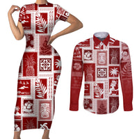 Hawaii Christmas Retro Patchwork Couples Matching Short Sleeve Bodycon Dress and Long Sleeve Button Shirt Red LT7 Red - Polynesian Pride