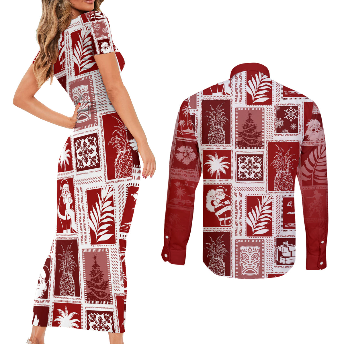 Hawaii Christmas Retro Patchwork Couples Matching Short Sleeve Bodycon Dress and Long Sleeve Button Shirt Red LT7 - Polynesian Pride
