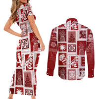 Hawaii Christmas Retro Patchwork Couples Matching Short Sleeve Bodycon Dress and Long Sleeve Button Shirt Red LT7 - Polynesian Pride