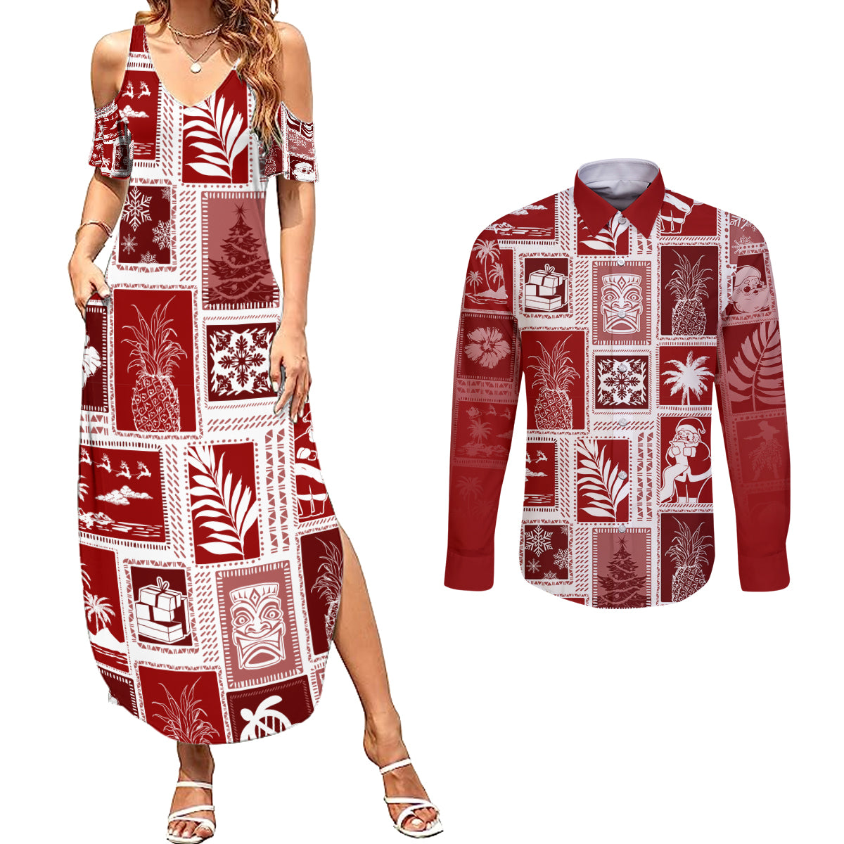 Hawaii Christmas Retro Patchwork Couples Matching Summer Maxi Dress and Long Sleeve Button Shirt Red LT7 Red - Polynesian Pride