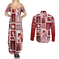 Hawaii Christmas Retro Patchwork Couples Matching Summer Maxi Dress and Long Sleeve Button Shirt Red LT7 - Polynesian Pride