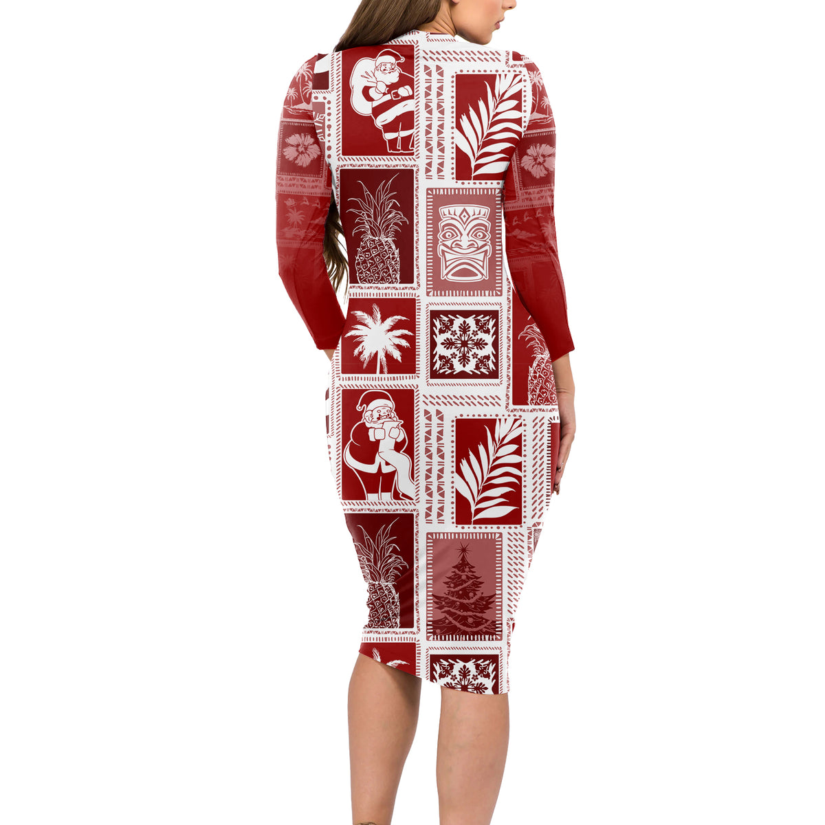 Hawaii Christmas Retro Patchwork Long Sleeve Bodycon Dress Red LT7 - Polynesian Pride