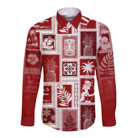 Hawaii Christmas Retro Patchwork Long Sleeve Button Shirt Red LT7 Unisex Red - Polynesian Pride