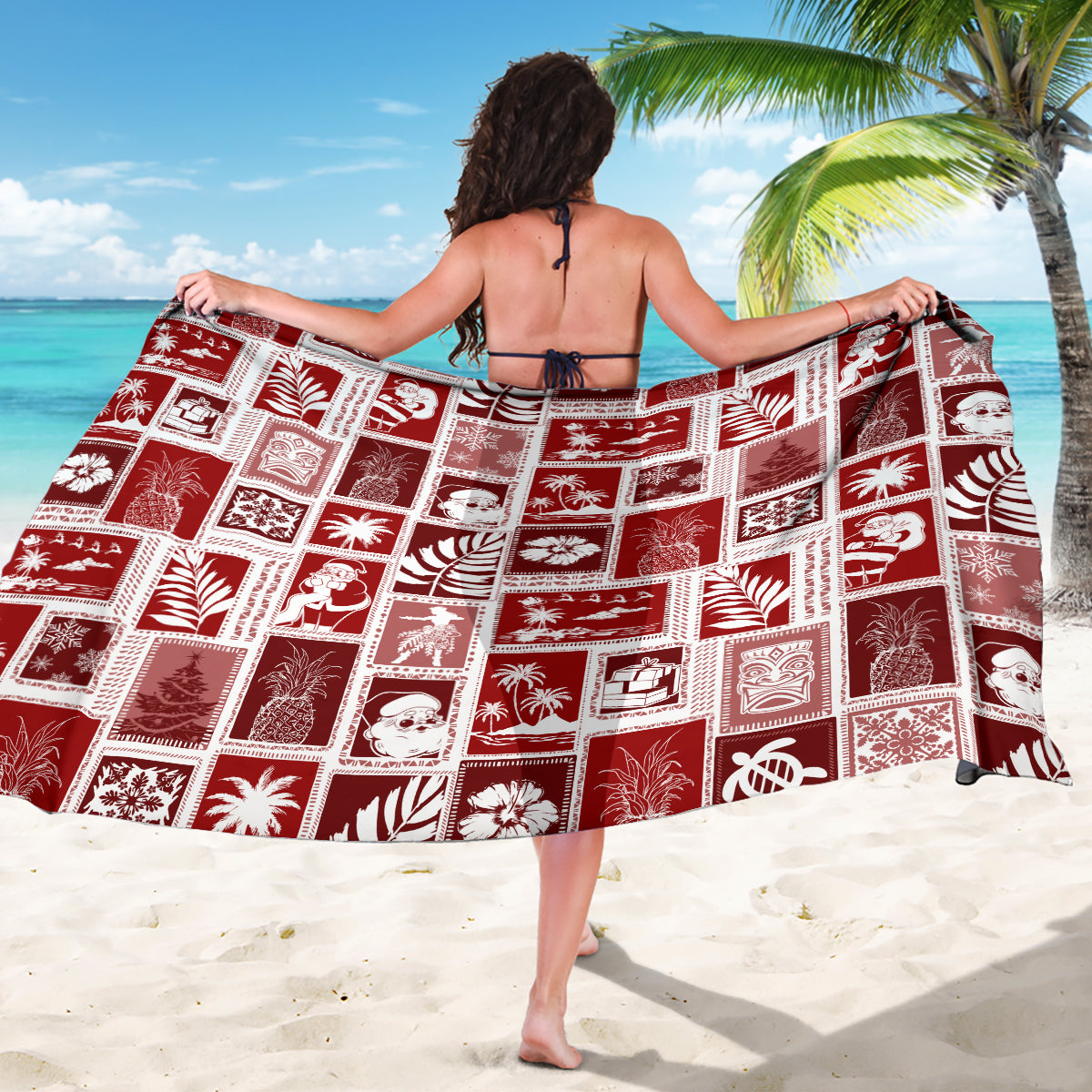 Hawaii Christmas Retro Patchwork Sarong Red LT7 - Polynesian Pride