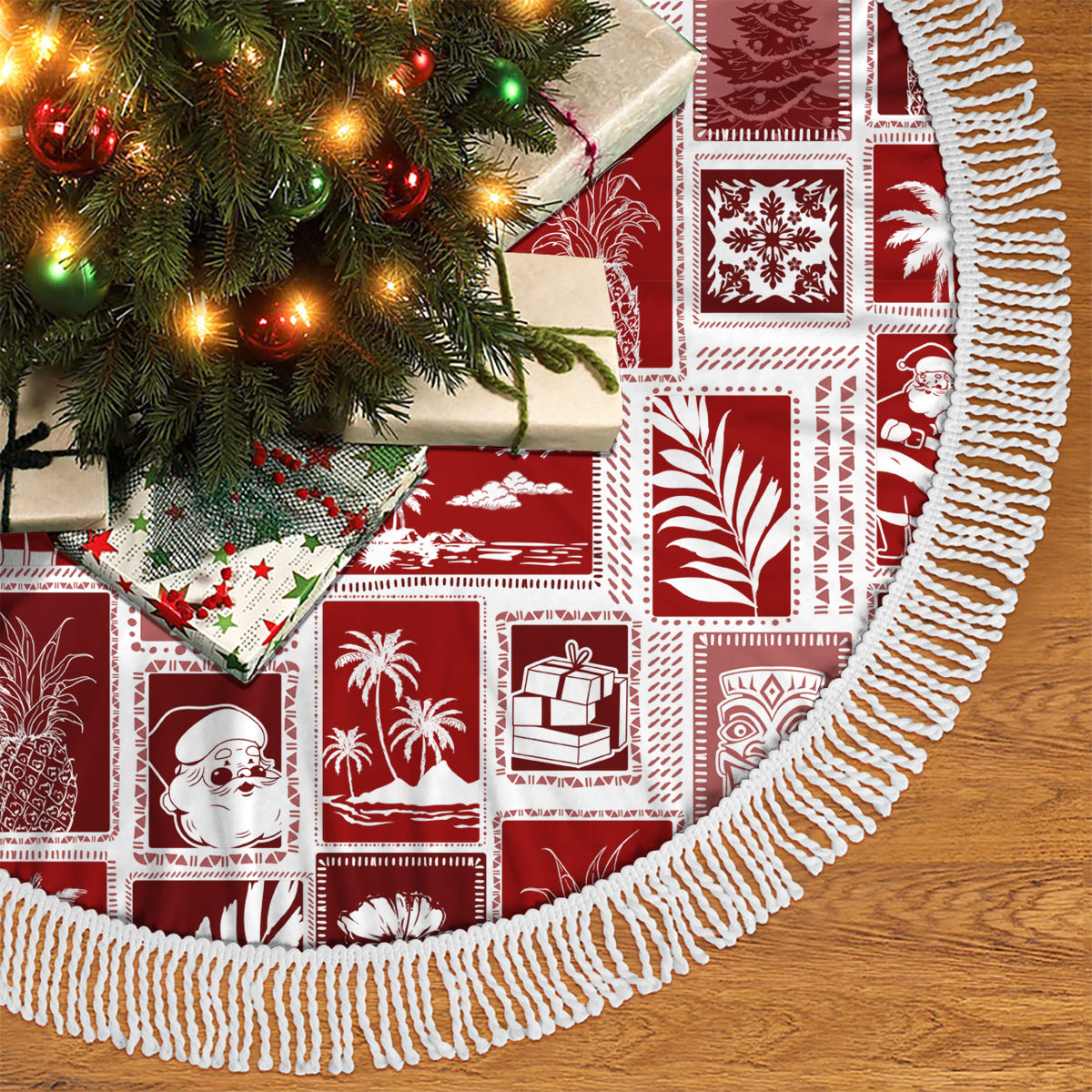 Hawaii Christmas Tree Skirt Retro Patchwork - Red LT7 - Polynesian Pride