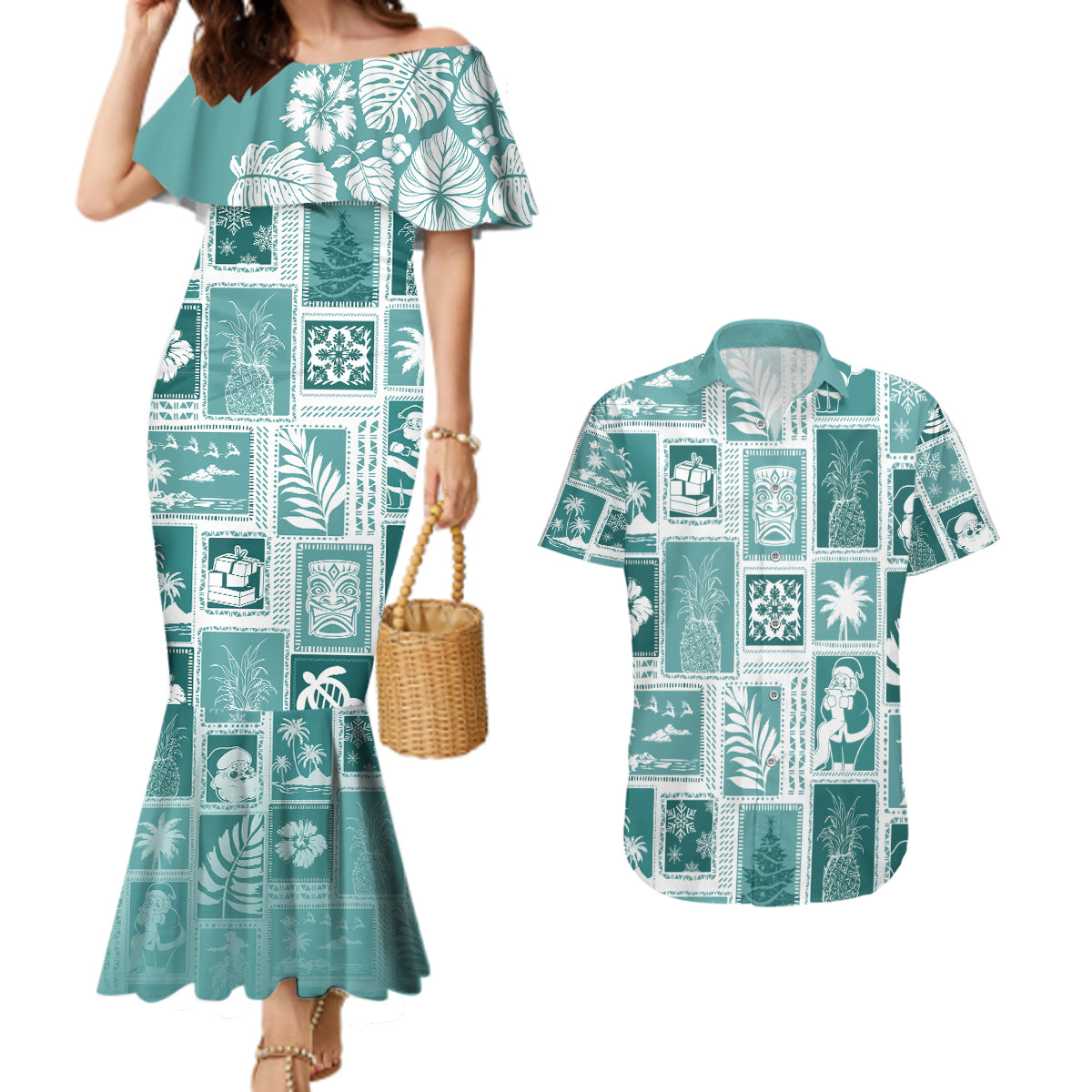 Hawaii Christmas Retro Patchwork Couples Matching Mermaid Dress and Hawaiian Shirt Teal LT7 Teal - Polynesian Pride