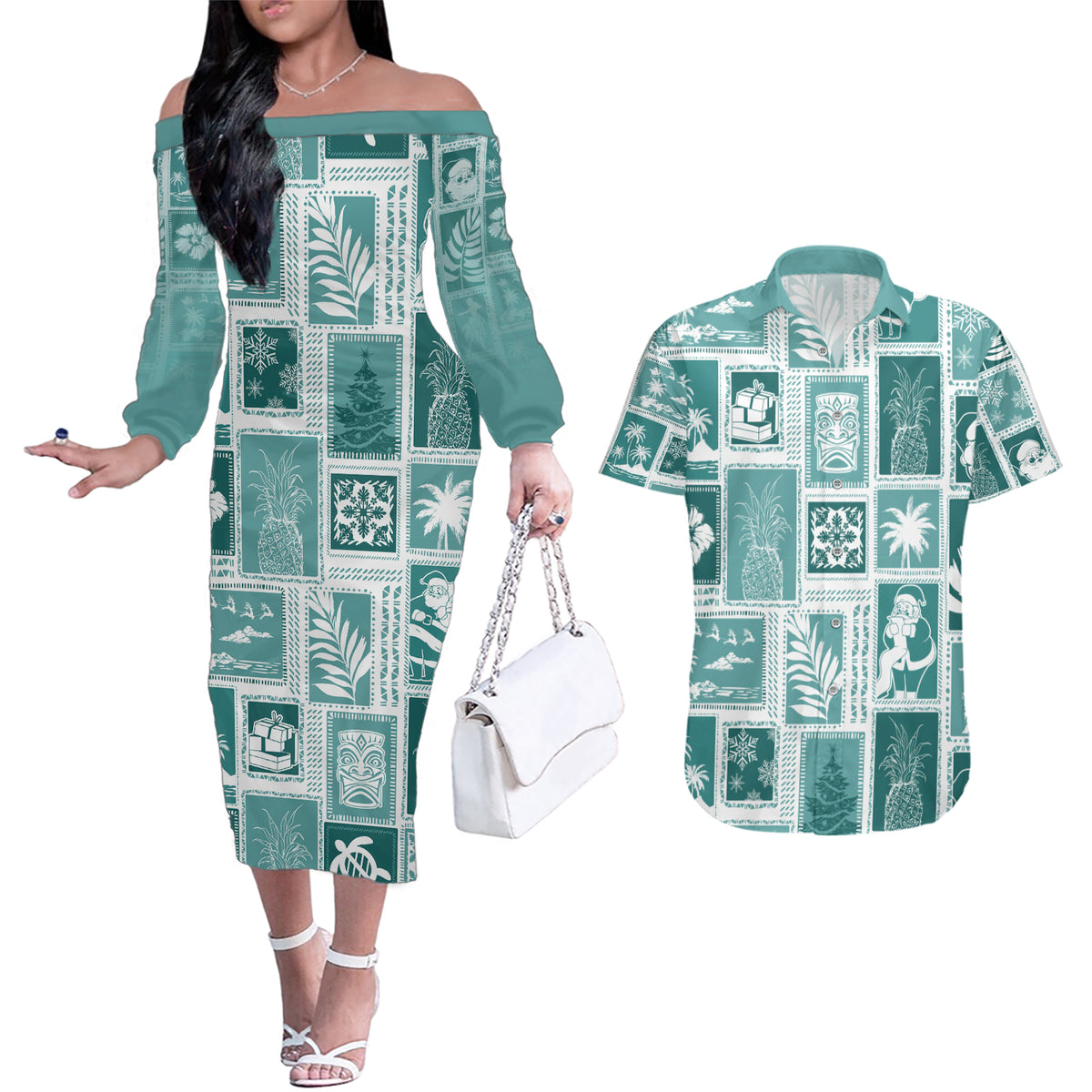 Hawaii Christmas Retro Patchwork Couples Matching Off The Shoulder Long Sleeve Dress and Hawaiian Shirt Teal LT7 Teal - Polynesian Pride