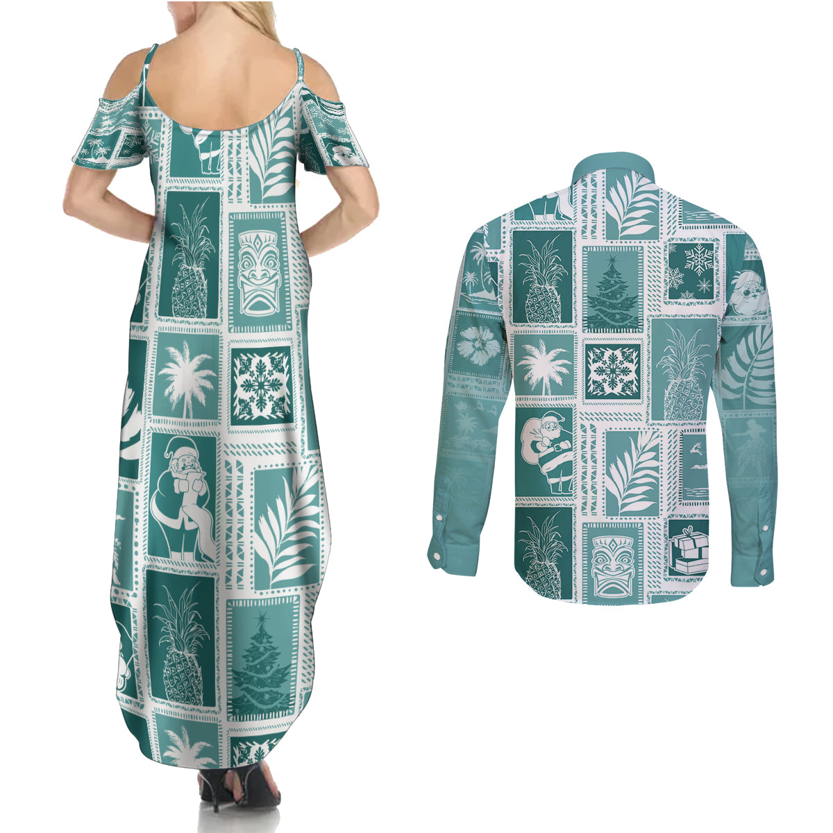 Hawaii Christmas Retro Patchwork Couples Matching Summer Maxi Dress and Long Sleeve Button Shirt Teal LT7 - Polynesian Pride