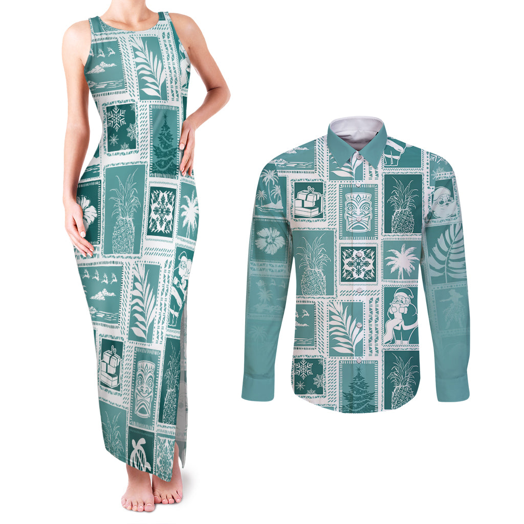 Hawaii Christmas Retro Patchwork Couples Matching Tank Maxi Dress and Long Sleeve Button Shirt Teal LT7 Teal - Polynesian Pride