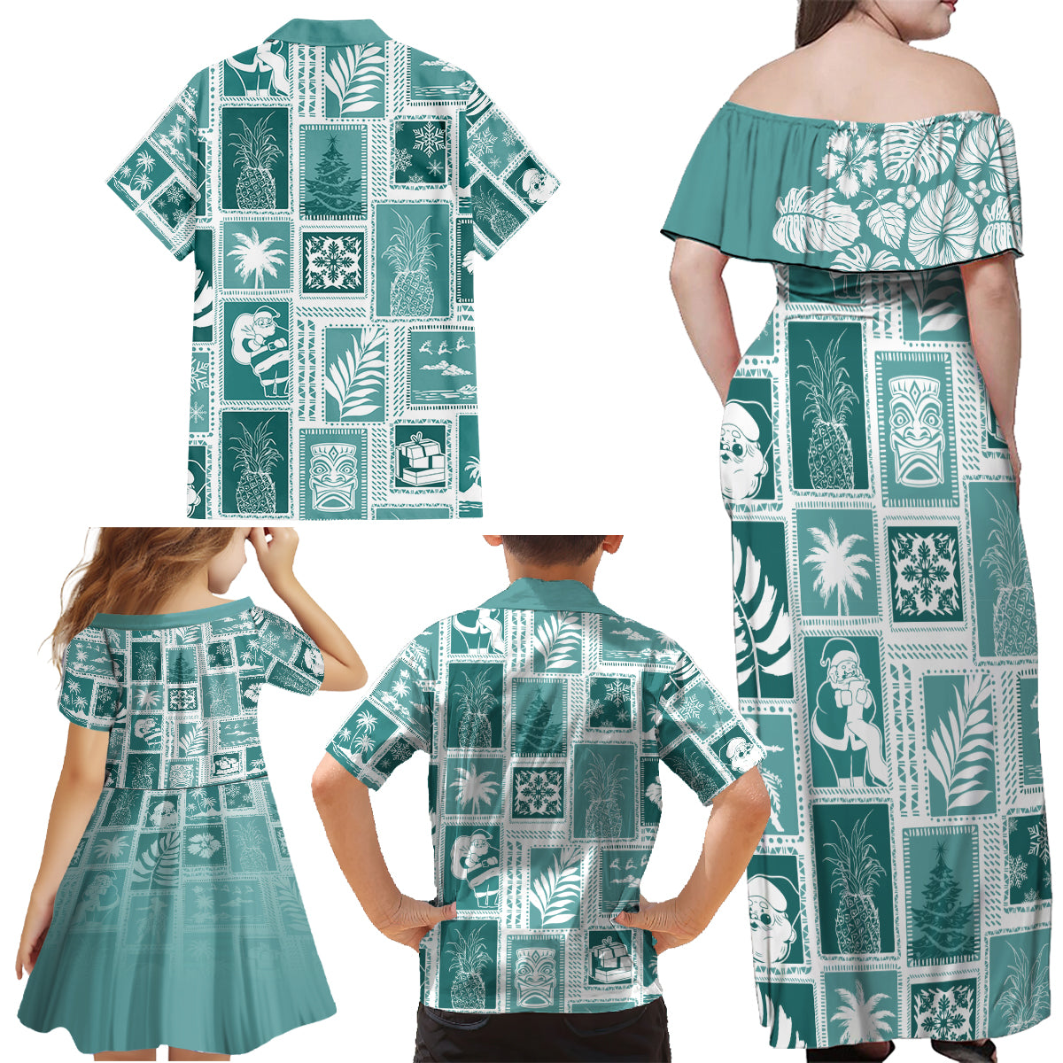 Hawaii Christmas Retro Patchwork Family Matching Off Shoulder Maxi Dress and Hawaiian Shirt Teal LT7 - Polynesian Pride