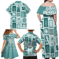 Hawaii Christmas Retro Patchwork Family Matching Off Shoulder Maxi Dress and Hawaiian Shirt Teal LT7 - Polynesian Pride