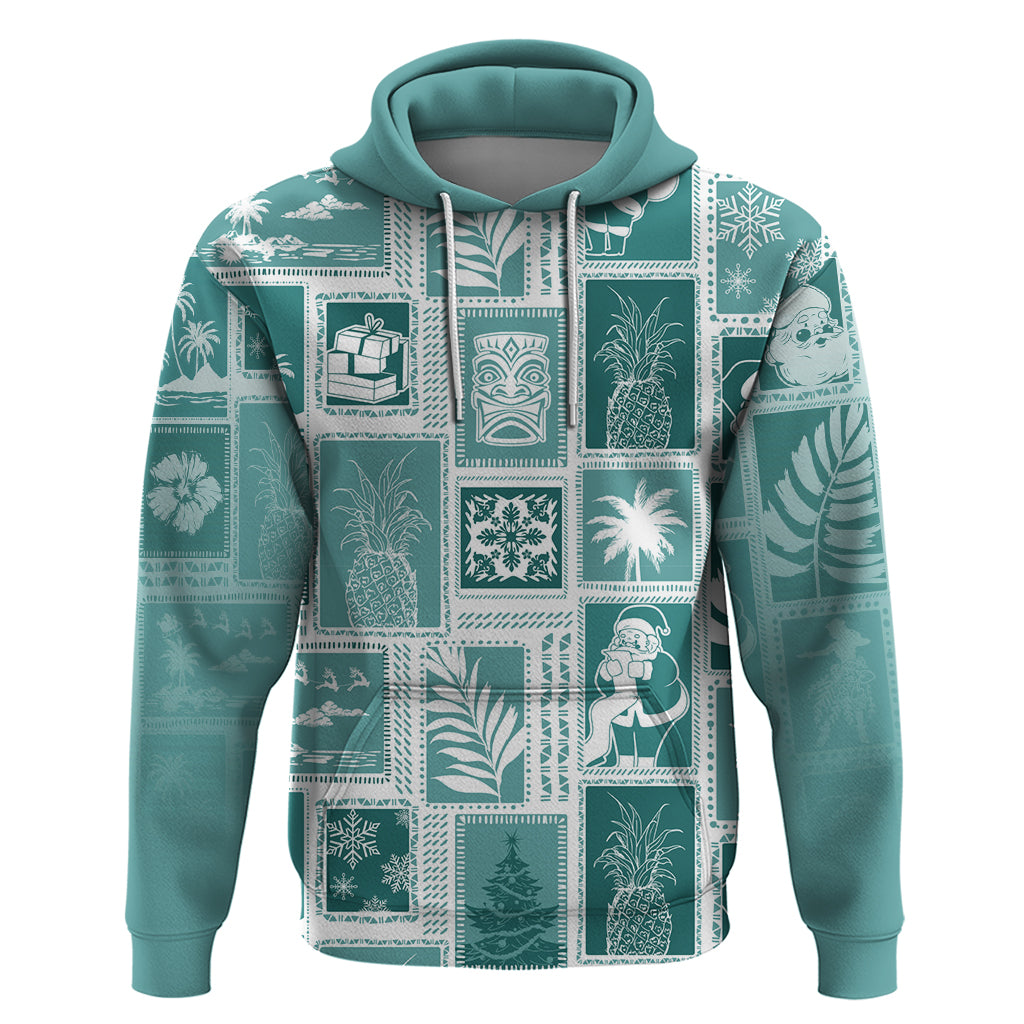 Hawaii Christmas Retro Patchwork Hoodie Teal LT7 Pullover Hoodie Teal - Polynesian Pride