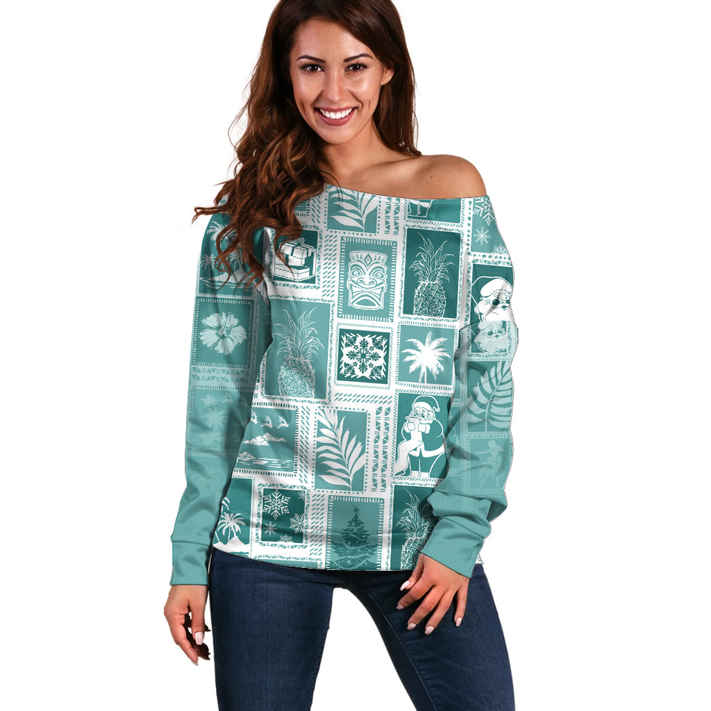 Hawaii Christmas Retro Patchwork Off Shoulder Sweater Teal LT7 Women Teal - Polynesian Pride