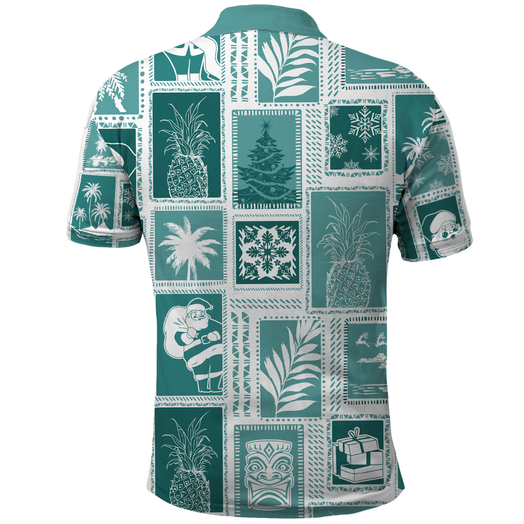 Hawaii Christmas Retro Patchwork Polo Shirt Teal LT7 - Polynesian Pride