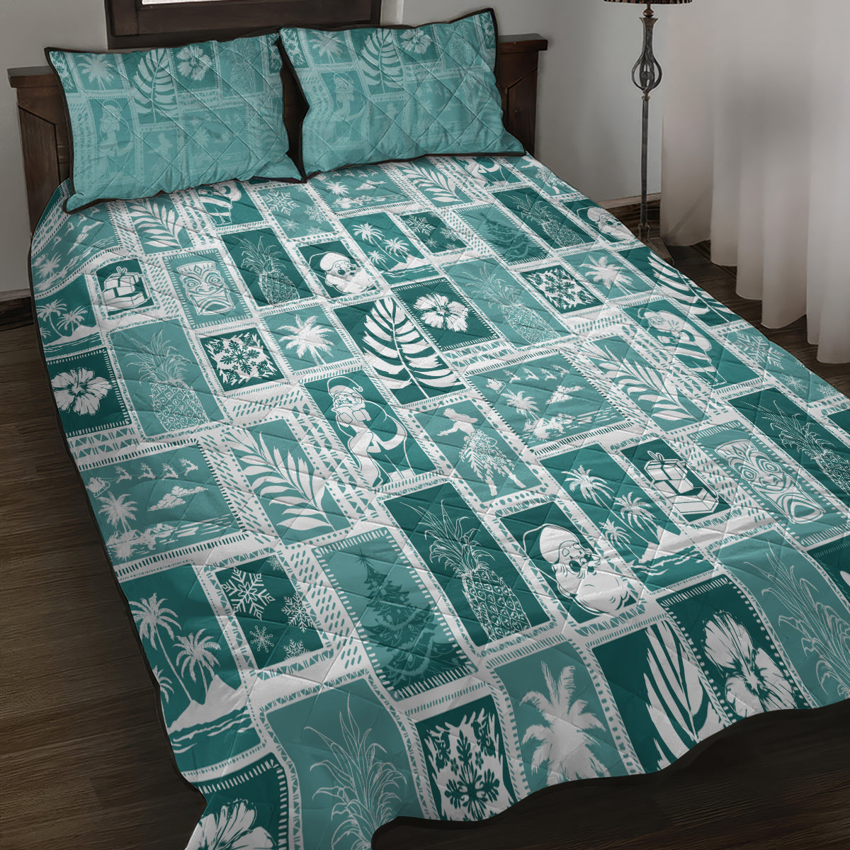 Hawaii Christmas Retro Patchwork Quilt Bed Set Teal LT7 - Polynesian Pride
