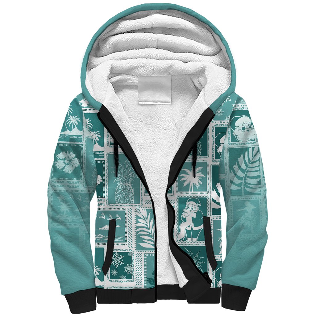 Hawaii Christmas Retro Patchwork Sherpa Hoodie Teal LT7 Unisex Teal - Polynesian Pride