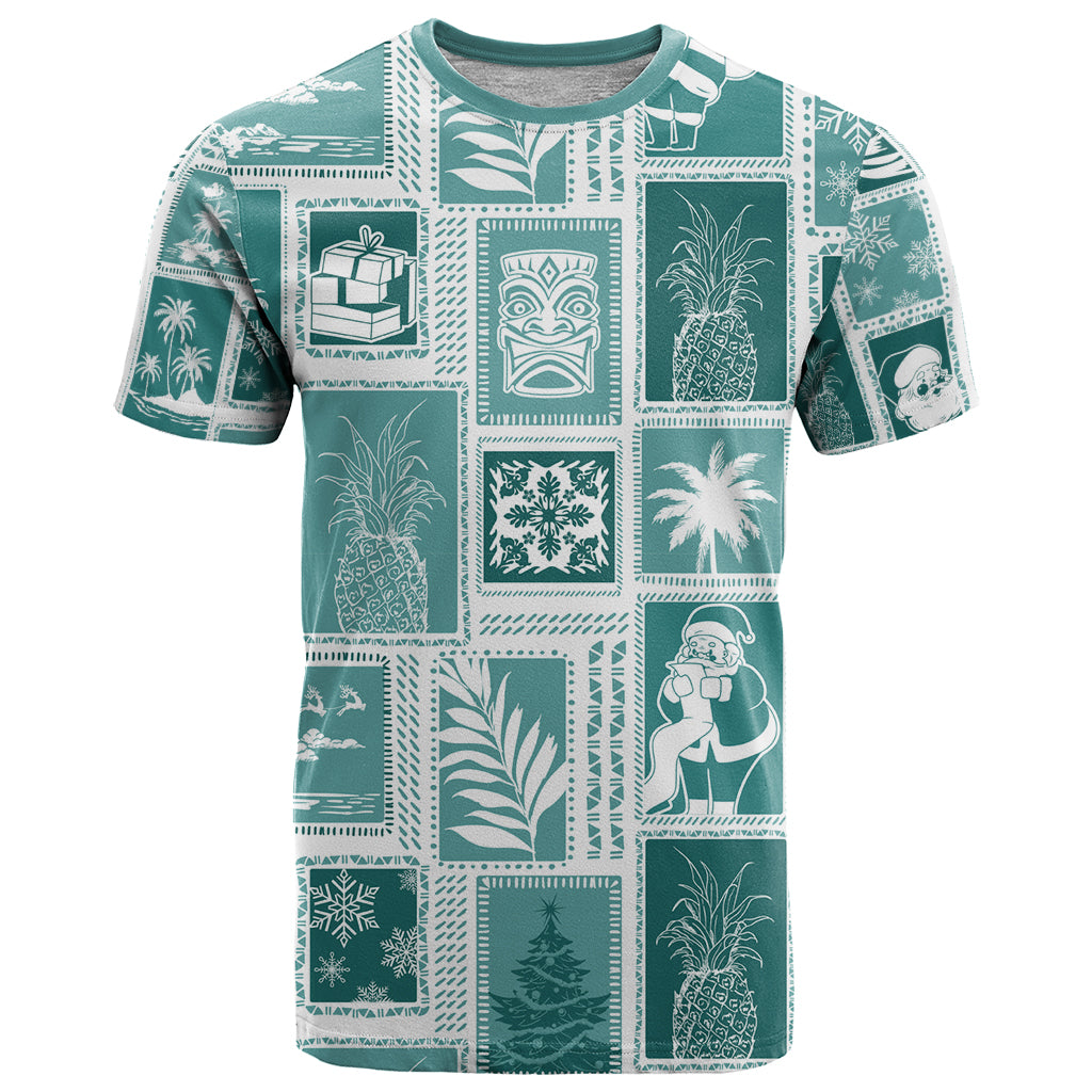 Hawaii Christmas Retro Patchwork T Shirt Teal LT7 Teal - Polynesian Pride