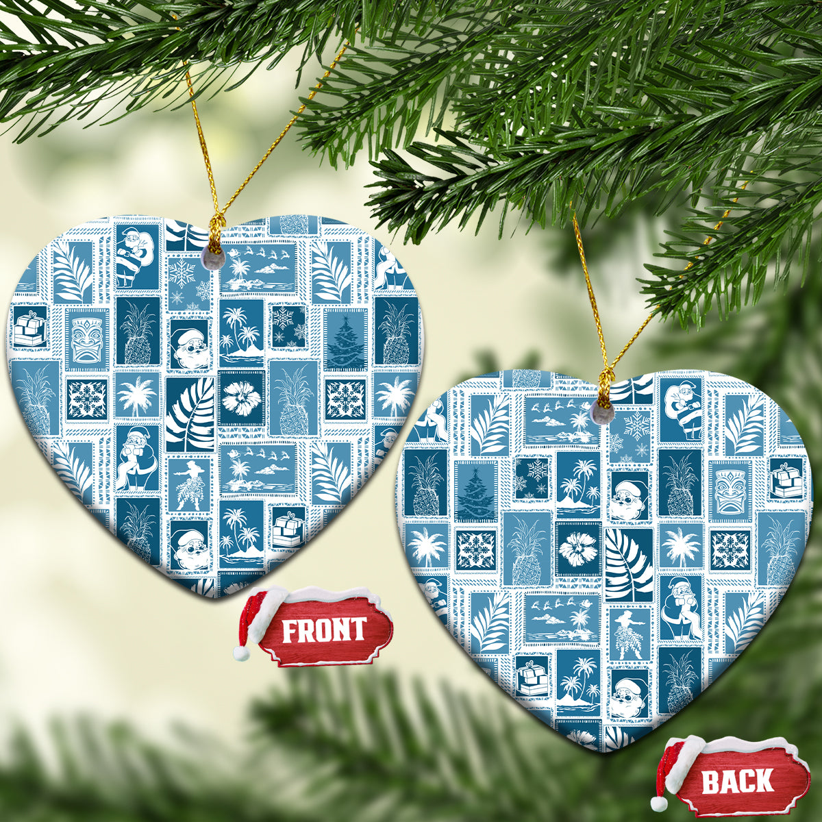 Hawaii Christmas Ceramic Ornament Retro Patchwork - Aquamarine LT7 Heart Aquamarine - Polynesian Pride