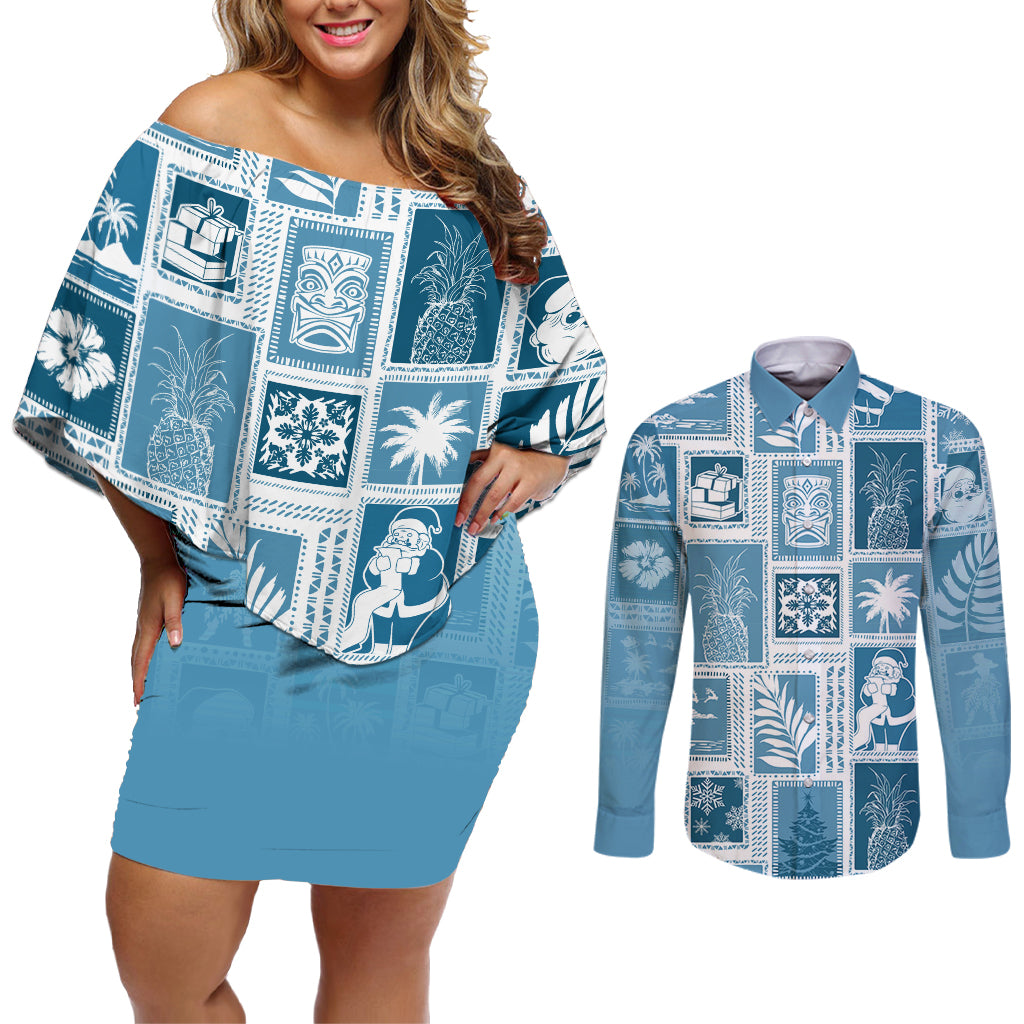 Hawaii Christmas Retro Patchwork Couples Matching Off Shoulder Short Dress and Long Sleeve Button Shirt Aquamarine LT7 Aquamarine - Polynesian Pride