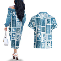 Hawaii Christmas Retro Patchwork Couples Matching Off The Shoulder Long Sleeve Dress and Hawaiian Shirt Aquamarine LT7 - Polynesian Pride