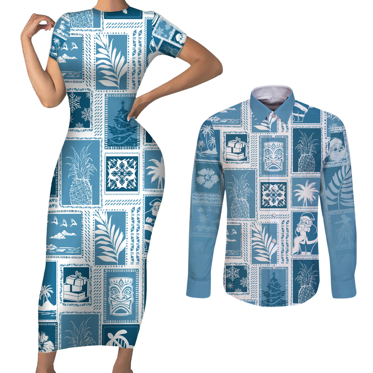 Hawaii Christmas Retro Patchwork Couples Matching Short Sleeve Bodycon Dress and Long Sleeve Button Shirt Aquamarine LT7 Aquamarine - Polynesian Pride
