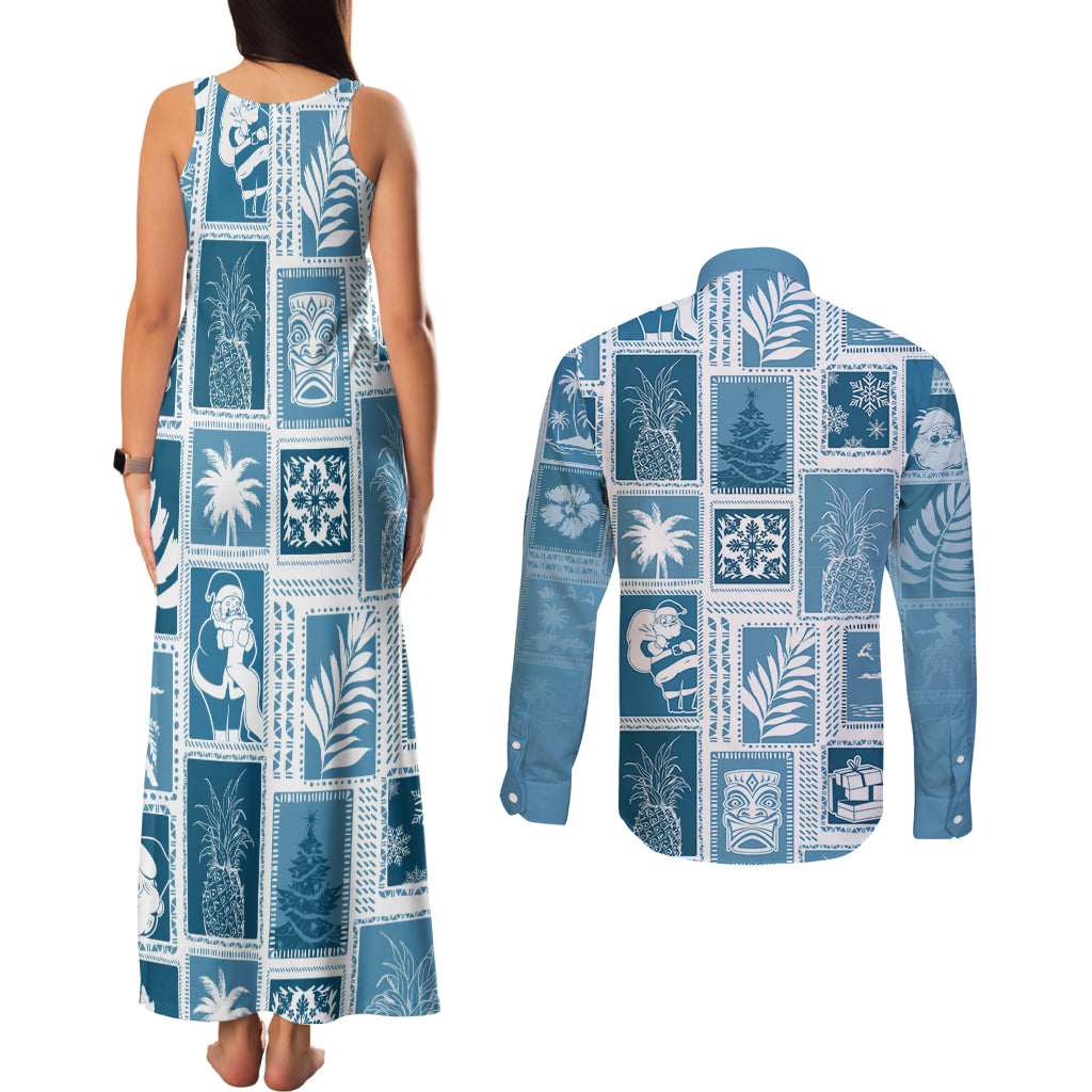 Hawaii Christmas Retro Patchwork Couples Matching Tank Maxi Dress and Long Sleeve Button Shirt Aquamarine LT7 - Polynesian Pride