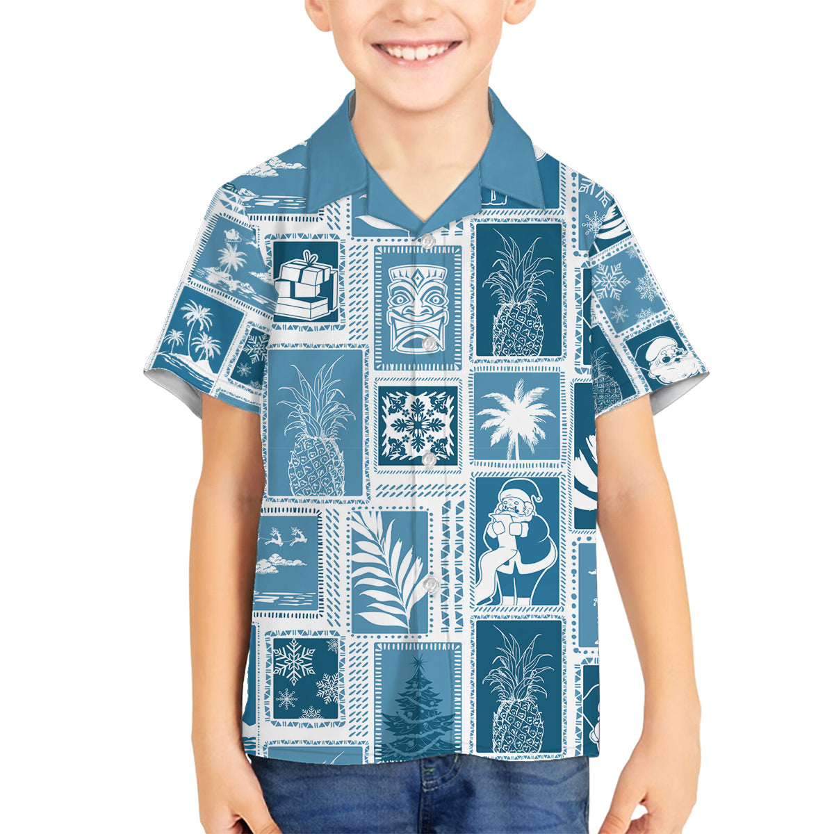 Hawaii Christmas Retro Patchwork Family Matching Long Sleeve Bodycon Dress and Hawaiian Shirt Aquamarine LT7 Son's Shirt Aquamarine - Polynesian Pride