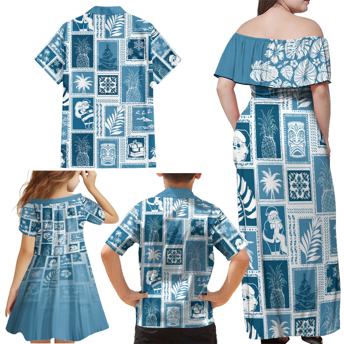 Hawaii Christmas Retro Patchwork Family Matching Off Shoulder Maxi Dress and Hawaiian Shirt Aquamarine LT7 - Polynesian Pride
