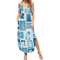 Hawaii Christmas Retro Patchwork Family Matching Summer Maxi Dress and Hawaiian Shirt Aquamarine LT7 Mom's Dress Aquamarine - Polynesian Pride
