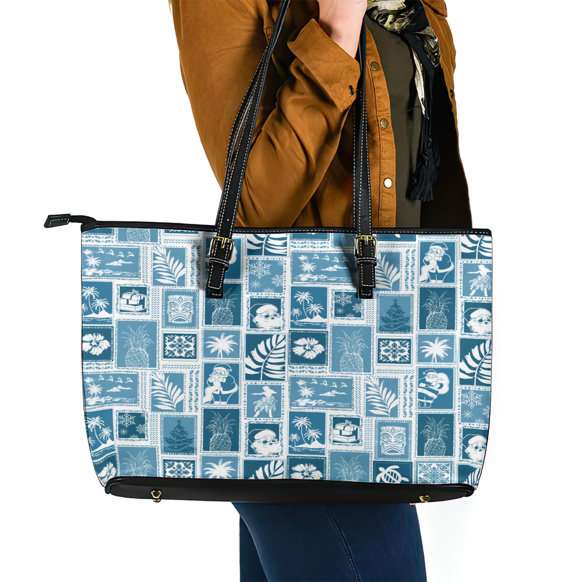 Hawaii Christmas Retro Patchwork Leather Tote Bag Aquamarine LT7 - Polynesian Pride