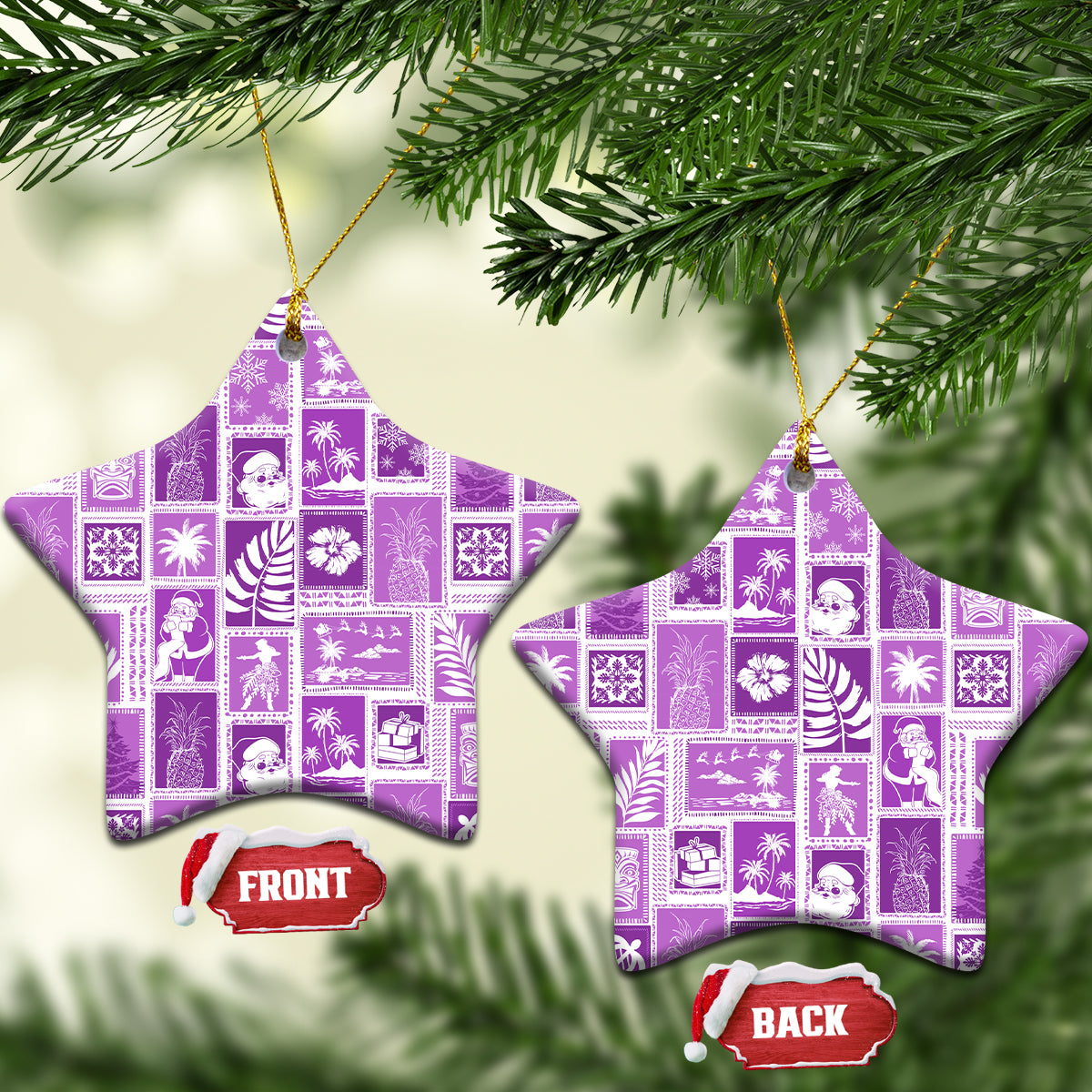 Hawaii Christmas Ceramic Ornament Retro Patchwork - Violet LT7 Star Violet - Polynesian Pride