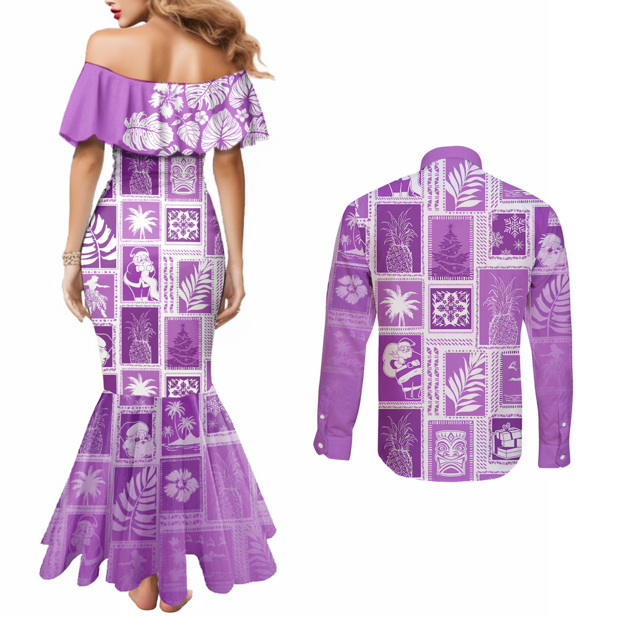 Hawaii Christmas Retro Patchwork Couples Matching Mermaid Dress and Long Sleeve Button Shirt Violet LT7 - Polynesian Pride