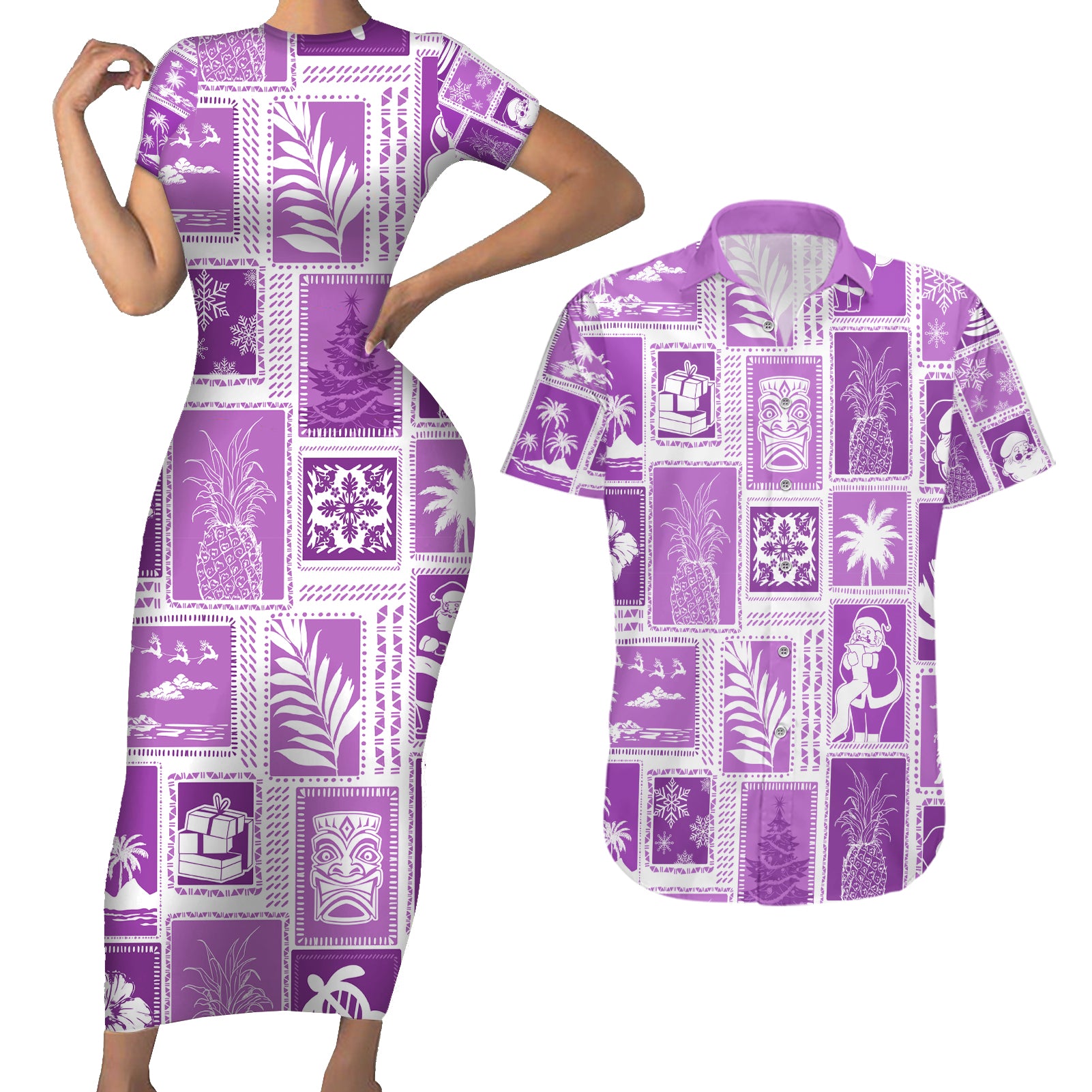 Hawaii Christmas Retro Patchwork Couples Matching Short Sleeve Bodycon Dress and Hawaiian Shirt Violet LT7 Violet - Polynesian Pride